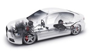 A 3D depiction of a car that shows the interior structure of the car with the car engine and other parts that make the car run.
