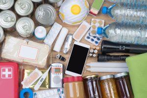 Assortment of emergency preparedness food that can be stored in a house or car.