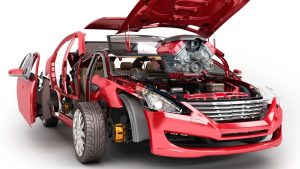 Red car that is digitally expanded to show individual car parts. 