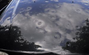 Car hood with many hail stone dents.