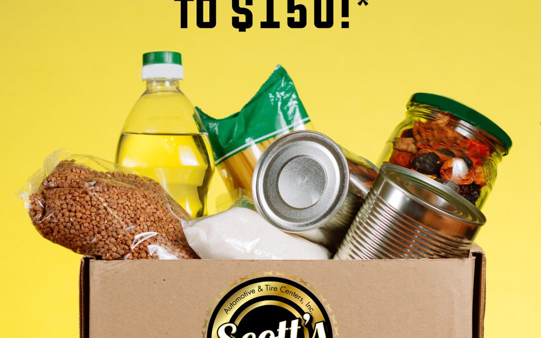 Promotional graphic for a seasonal fall food drive community event supporting local food banks, hosted by Scott's Automotive repair and car maintenance shops.
