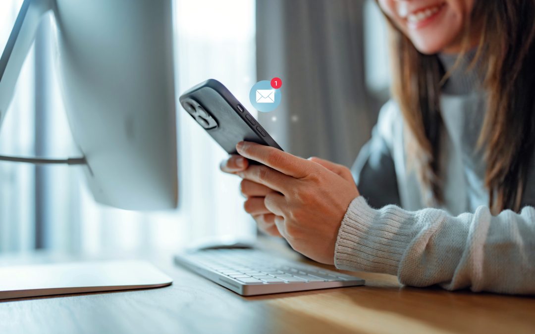 Woman hands using smartphone with 1 new email alert sign icon pop up, Female using phone for check email for work or sending text SMS short message at home, Online communication concept