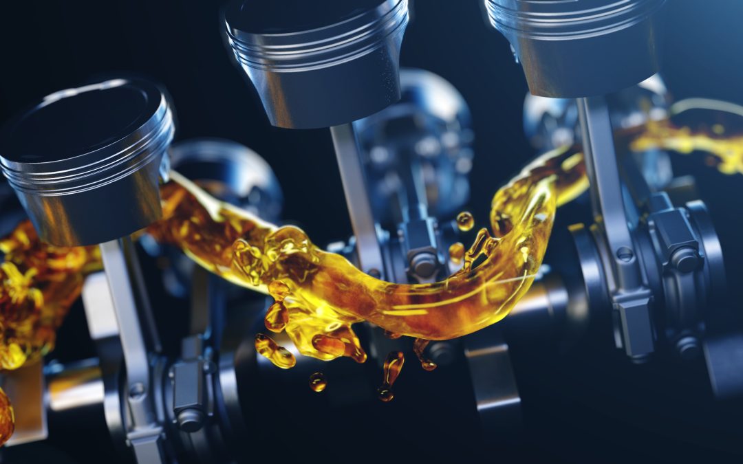 3d illustration of car engine with lubricant oil on repairing. Concept of lubricate motor oil